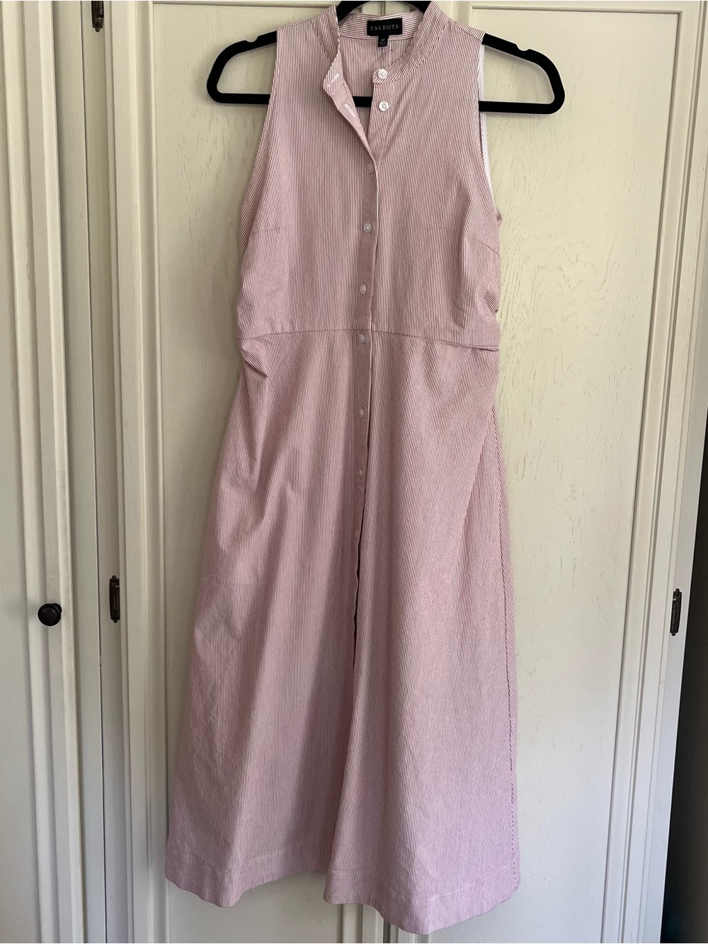Talbots Cotton Petite Red/White Striped Sleeveless Midi Shirtdress w/Pockets